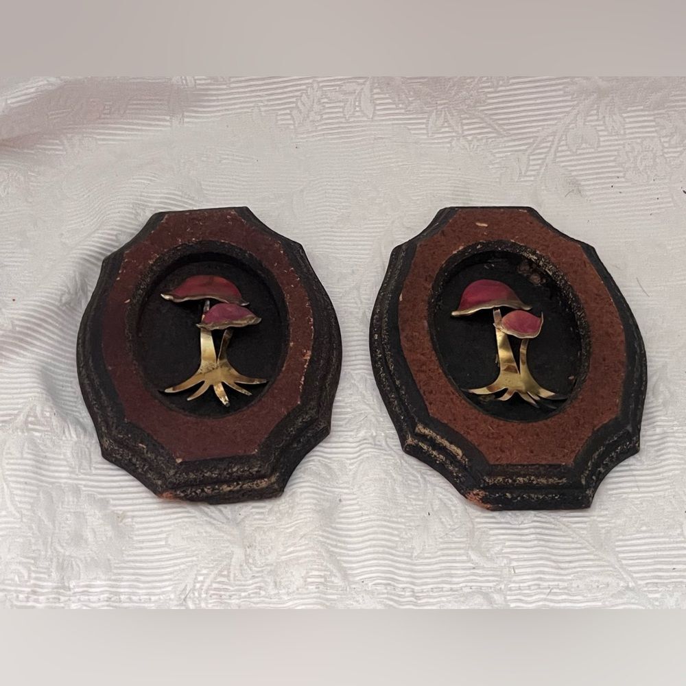 Vtg MCM Mushroom Decor Metal 3D Wood Brutalist Style Retro Plaque Set‎ Of 2
